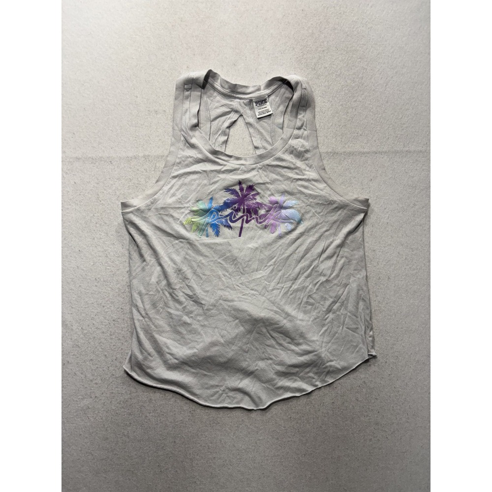 PINK Victoria's Secret Tank Top Womens Large Gray Palm Graphic Racerback Keyhole